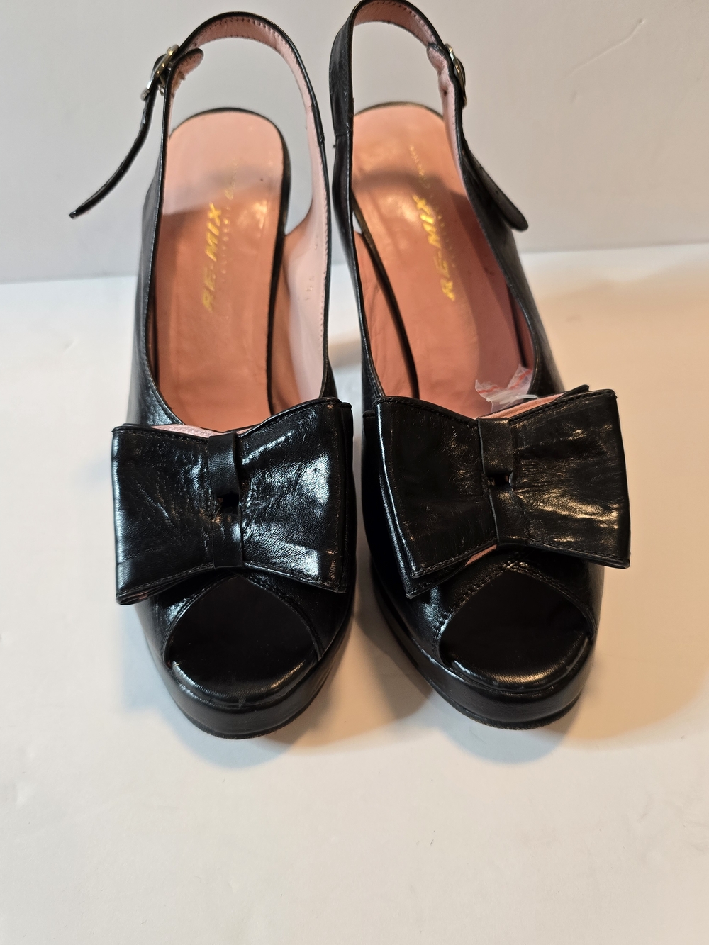 RE-MIX WOMEN Black LEATHER Bow Peep-Toe Slingback Heels SZ 8.5